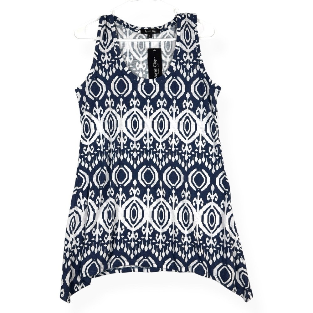 Jayne Clay Tunic Top Womens Large L Navy Blue White Sleeveless Sharkbite Hem